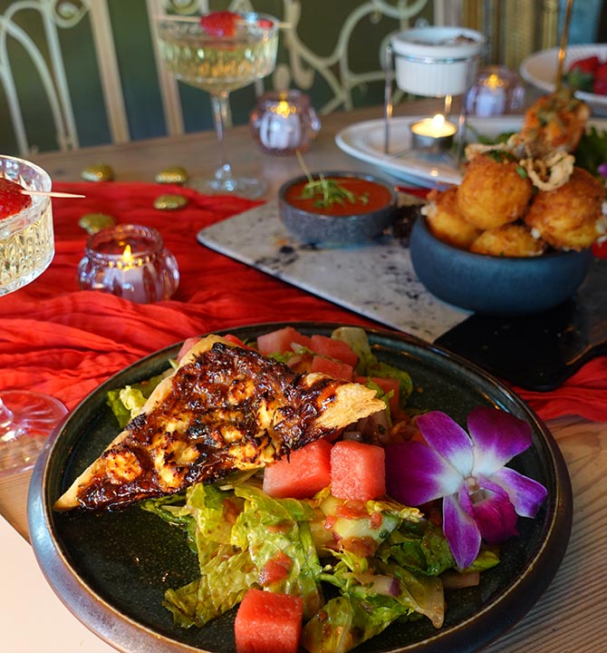 Valentine's Dinner Spread with Fresh Salad and Appetizers